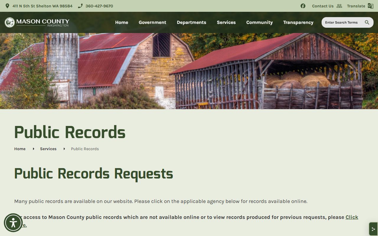 Mason County public records page for inmate population and jail record requests