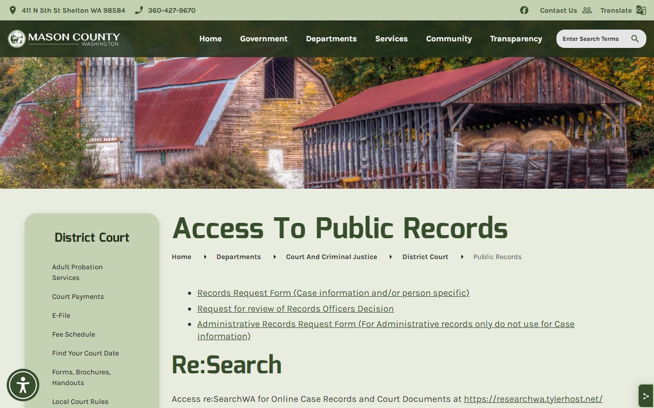 Mason County District Court records request page for court records after arrest