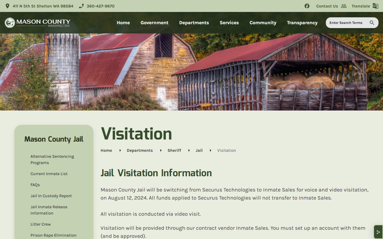 Mason County Jail Inmate Sales video visitation rules