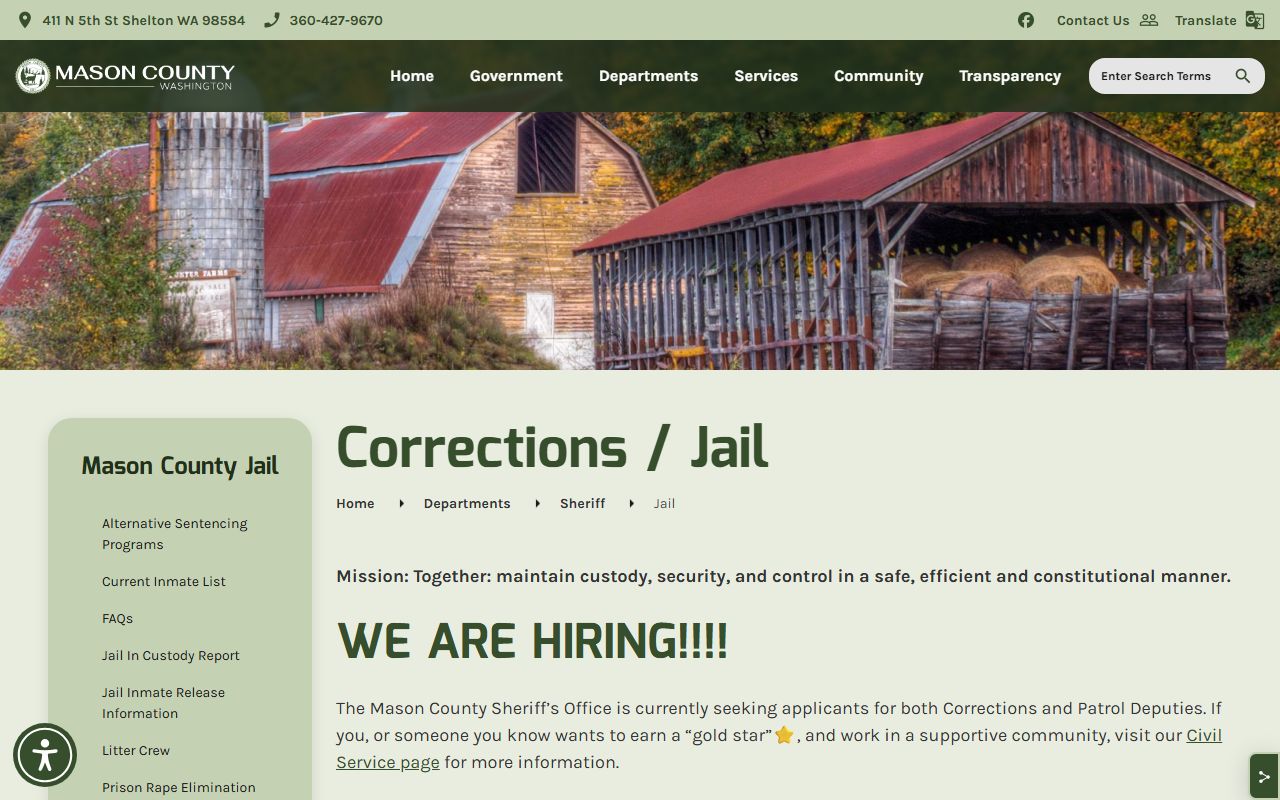Mason County Jail page for inmate roster and custody records