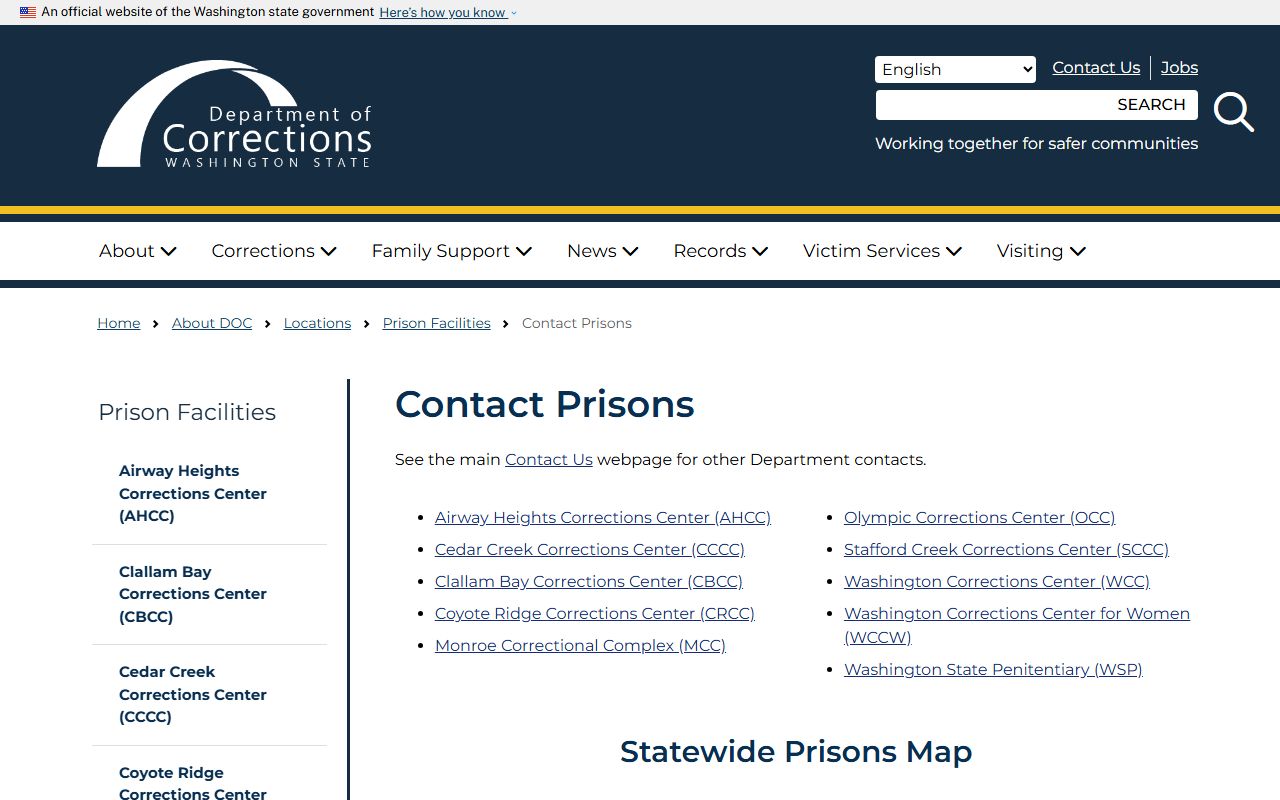 Washington Corrections Center DOC contact listing for phone mail and visiting